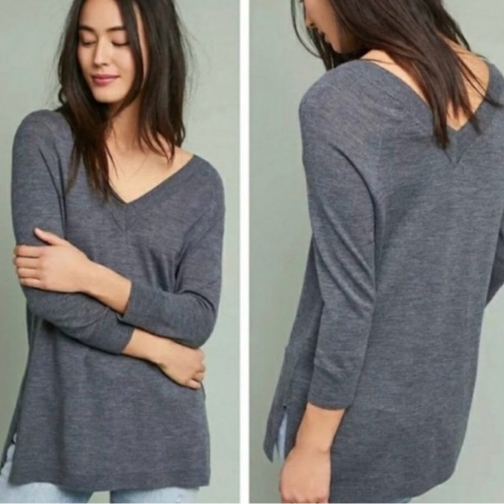 ANTHRO MOTH Grey Merino Wool V-Neck Sweater